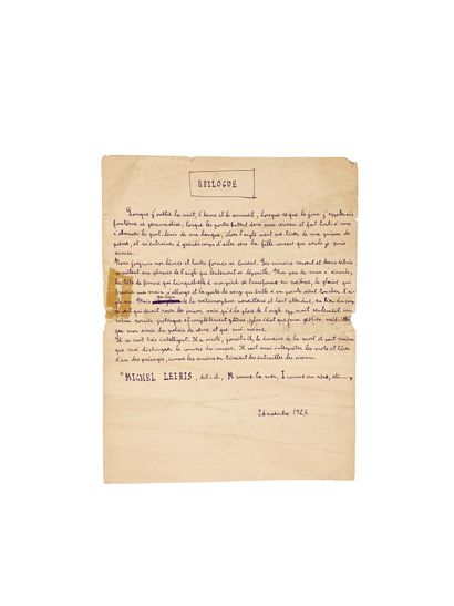 LEIRIS (Michel Le Forçat vertigineux. November 26, 1925.

Autograph manuscript of...