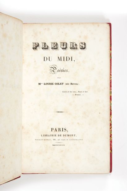 COLLET, Louise Fleurs du Midi. Poésies. Paris Dumont, 1836 ; in-8 demi-maroquin rouge...