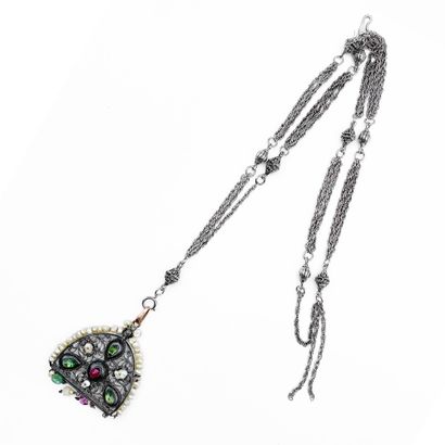 null Silver plated metal necklace composed of chains, holding a pendant openwork...