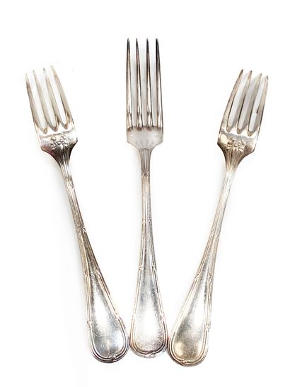 null Set of silver plated cutlery consisting of 6 forks and 6 soup spoons net contour...