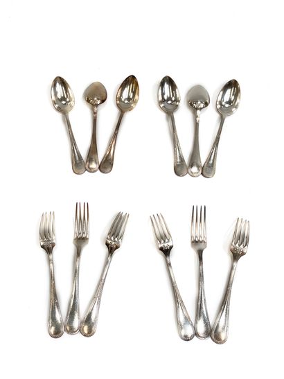 null Set of silver plated cutlery consisting of 6 forks and 6 soup spoons net contour...