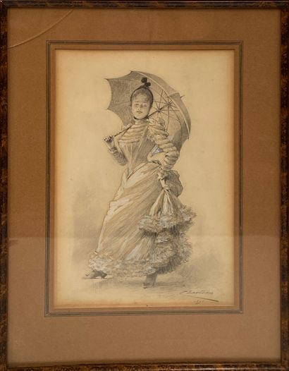 null 
Théobald Chartran (1849-1907) Portrait d'une élégante au parapluie Crayon sur...