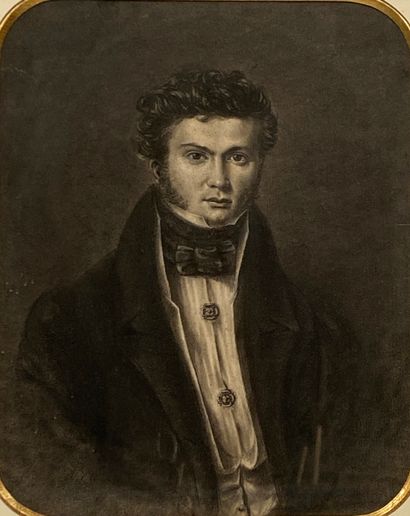 null 
Ecole Romantique vers 1830 Portrait d'homme Crayon et rehaut de gouache blanche...