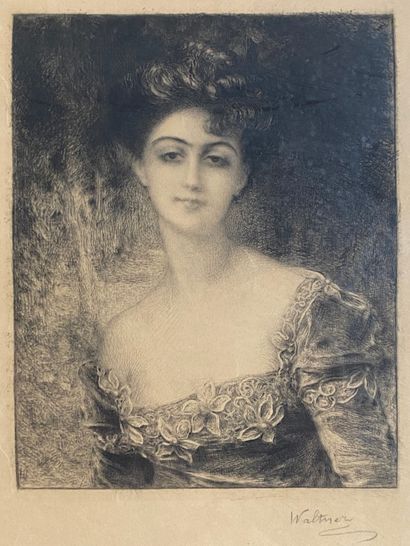 null 
Lot comprenant deux gravures représentant un portait de femme par Walther,...