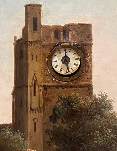 null Tableau horloge du XIXe siècle Huile sur toile figurant un paysage au clocher...