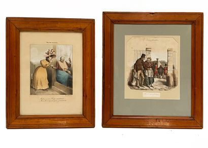 null Lot of 4 colored engravings representing scenes of life; we join an engraving...