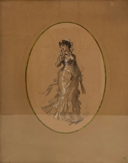 null 
Théobald Chartran (1849-1907) Portrait d'une élégante au parapluie Crayon sur...