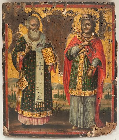 ICÔNE St Nicolas et Ste Catherine Grèce ou...