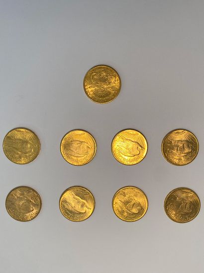 null Ensemble de 8 pièces de 20 dollars US or de type Liberty. Années 1908 x 2, 1911,...