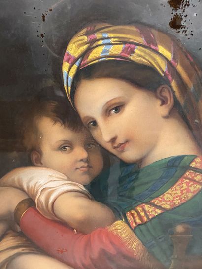 null ECOLE DU XIXE SIECLE D'APRES RAPHAEL 

Vierge à l'enfant (La Vierge à la chaise)...