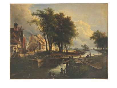 null ATTRIBUE A ANTOINE GUINDRAND (1801 – 1843) 

Le canal de l’écluse au village...