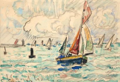 PAUL SIGNAC (1863-1935) Bateaux, 1928 Aquarelle et crayon sur papier. Signée et datée...