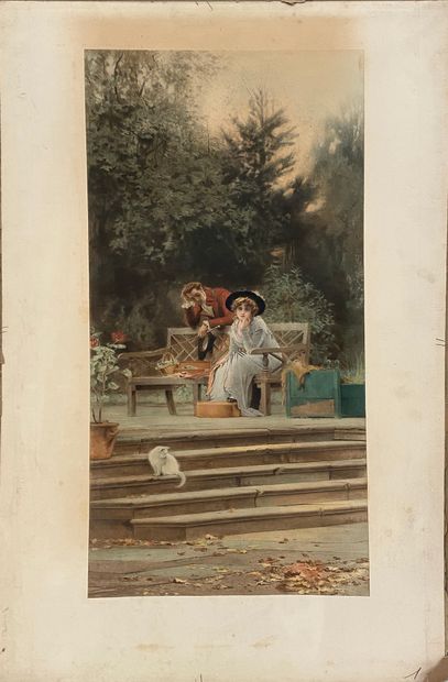 null Marcus Stone (1840 – 1921) Couple d'élégants et chat Lithographie en couleurs....