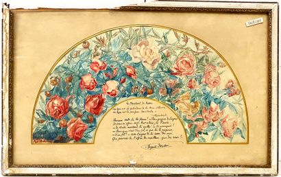 null Barthélémy Poème d’Auguste Douet. Projet éventail aux roses. Aquarelle sur papier....