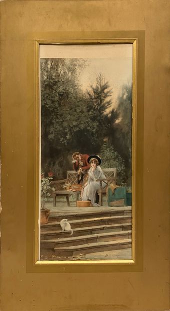 null Marcus Stone (1840 – 1921) Couple d'élégants et chat Lithographie en couleurs....