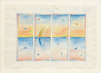 Jean-Michel Folon (1934-2005) Avant projet de paravent Aquarelle sur papier. Signée...