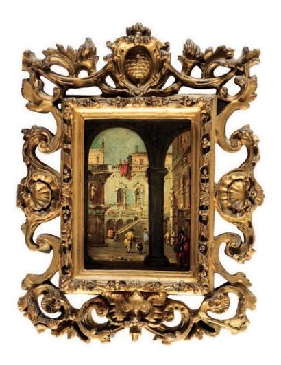 ATTRIBUÉ À GIACOMO GUARDI (VENISE, 1764-1835) Vue de la cour intérieure d'un palais...
