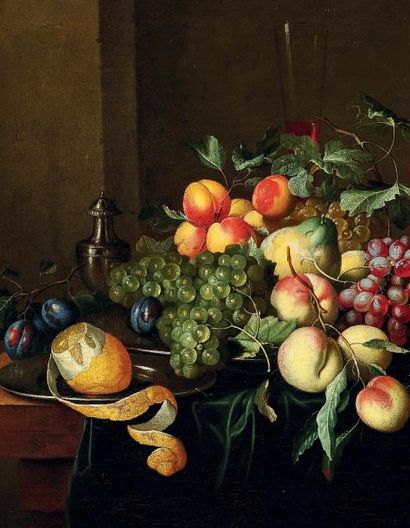 ALEXANDRE COOSEMANS (1627-1689) Nature morte aux fruits sur un entablemnent Toile....