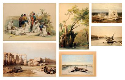 DAVID ROBERTS ET LOUIS HAGUE Vues d'Egypte Suite de six lithographies en couleur....