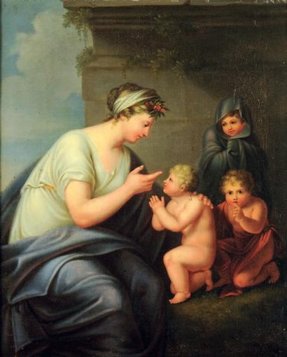 SUIVEUR D'ANDRIES CORNELIS LENS Mère et ses trois enfants Toile. H_50 cm L_41 cm