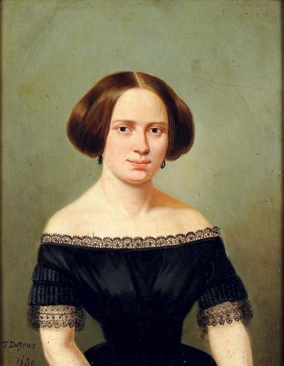 T. DUJOUR Portrait de femme Panneau signé en bas à gauche et daté 1859. H_28 cm L_22...