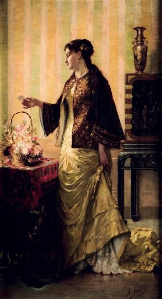 ALFRED STEVENS (BRUXELLES, 1823 - PARIS, 1906) Elégante au bouquet de fleurs Panneau...