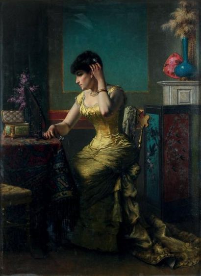 AGAPIT STEVENS (1849-1917) Femme au miroir en robe jaune Panneau. H_70 cm L_42 c...