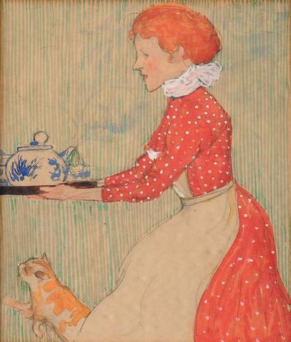 HENRI EVENEPOEL (1872-1899) Le thé Projet pour une tapisserie. Crayon et gouache...