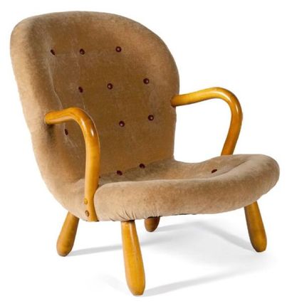 MARTIN OLSEN Fauteuil ou rocking chair en velours récent, boutons en cuir et bouleau...