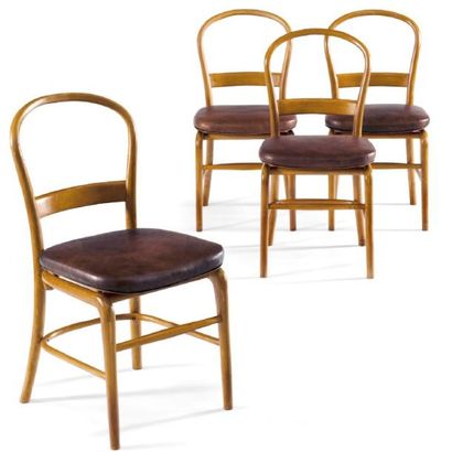 VILHELM LAURITZEN Suite de quatre chaises en hêtre et cuir Estampillées 4 beech and...