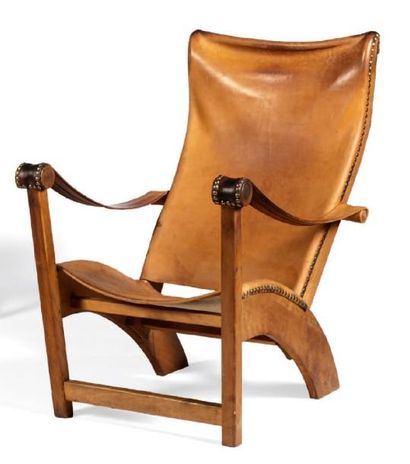 MOGENS VOLTELEN (1905-1995) Fauteuil Copenhagen en chêne teinté, cuir et laiton Copenhagen...