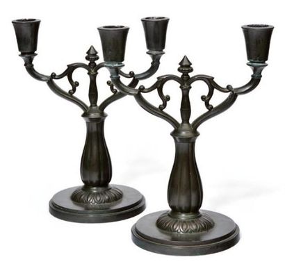 JUST ANDERSEN (1884-1943) ET G.A.B (FONDEUR) Paire de chandeliers en bronze Signés...
