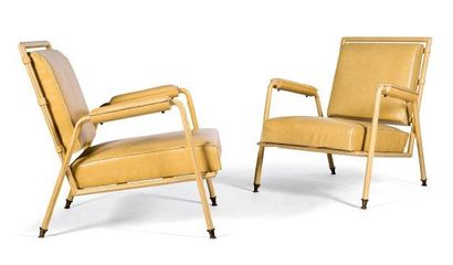 ANDRÉ LELEU (1907-1995) Paire de fauteuils Modèle laboratoire Roussel Structure métallique...