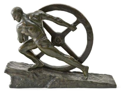 PIERRE LE FAGUAYS (1892-1935) Athlète à la roue Sculpture en bronze à patine médaille...