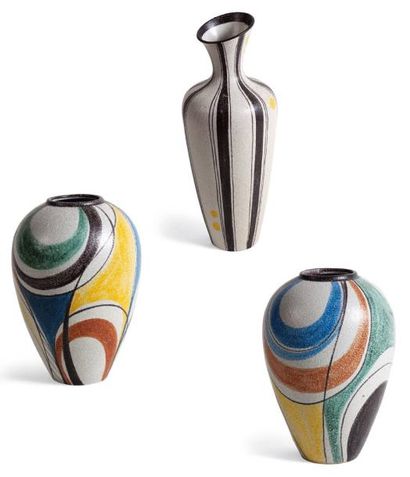 RUSCHA KERAMIK Ensemble de trois vases Céramique polychrome Signés Vers 1950 H_42...