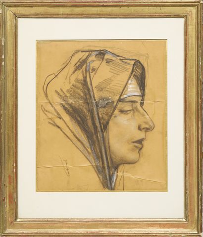 null Jules Joseph LEFBVRE (1836-1911)
Portrait de femme au fichu de profil droite
Fusain...