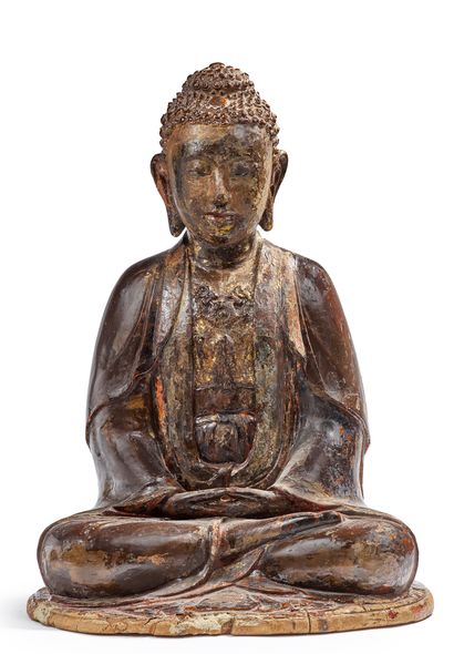 CHINE, fin XVIIIe
Bouddha en bois laqué noir...