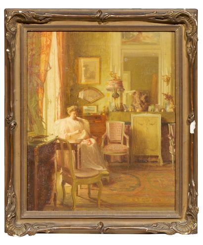 null École française vers 1900
Femme à sa couture, assise dans un intérieur
Huile...
