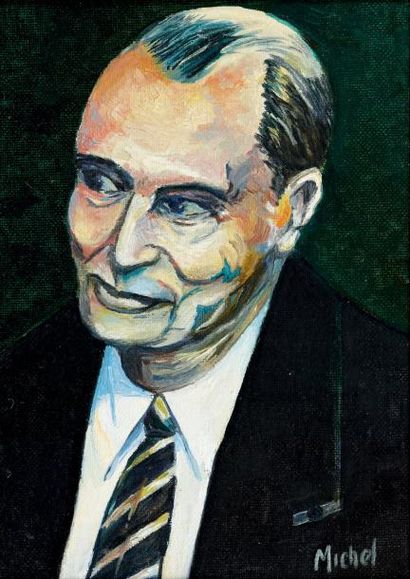 MICHEL BERNARD Portrait de François Mitterrand Huile sur toile signée en bas à droite...