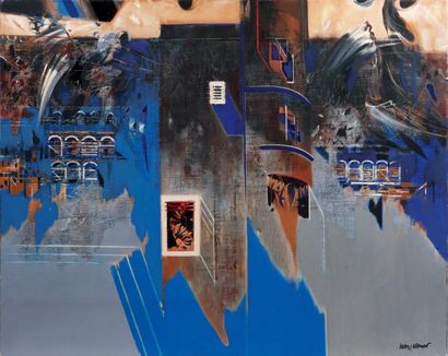 ANDRZEI KAPUSTA (ARTISTE POLONAIS) Composition façades bleues, 1986 Huile sur toile...
