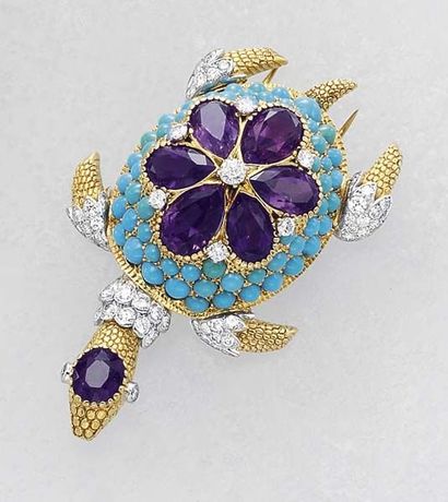 null A Diamond Amethyst and Turquoise 'Turtle'Clip CARTIER circa 1950 Designed as...