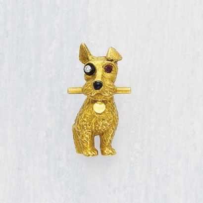 null A Diamond Ruby and Gold 'Terrier'Clip CARTIER circa 1950 Designed as a fox-terrier,...