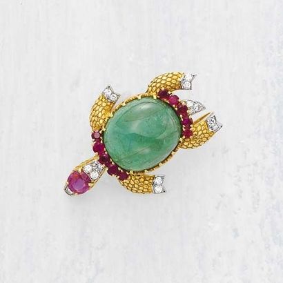 null A Diamond Ruby and Emerald 'Turtle'Pin CARTIER circa 1960 Designed as a turtle,...