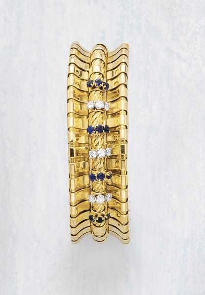 null A Diamond Sapphire and Gold Bracelet GÜBELIN circa 1930 Designed as three Art...