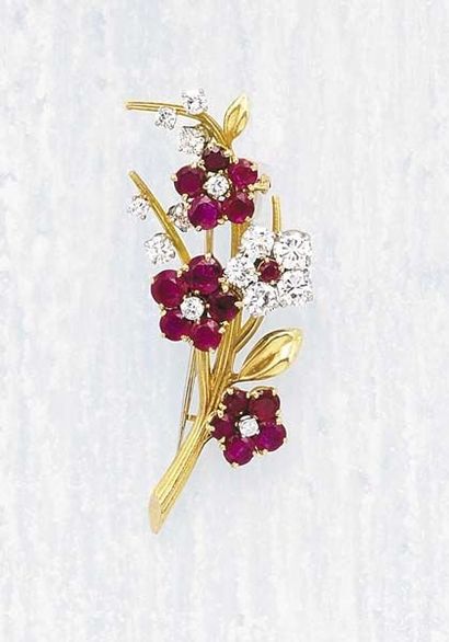 null A Diamond and Ruby Clip VAN CLEEF & ARPELS circa 1960 Designed as a Floral branch...