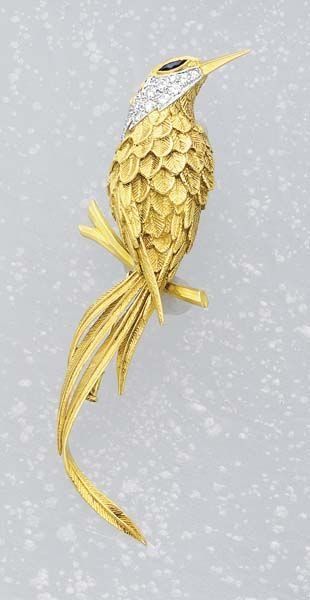 null A Diamond Sapphire and Gold 'Hummingbird'Pin VAN CLEEF & ARPELS circa 1960 Designed...