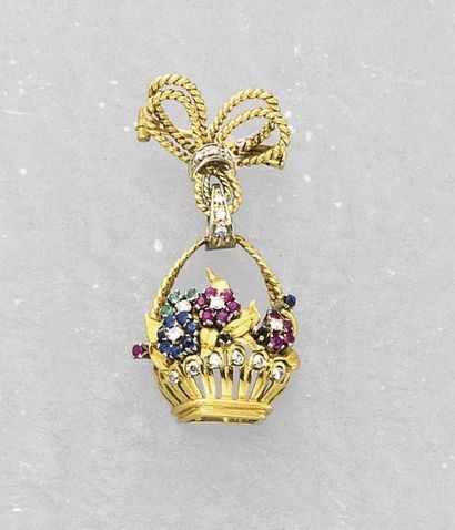 null A Ruby Sapphire Diamond and Gold Brooch Designed as an openwork Gold basket,...