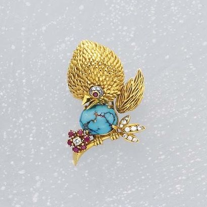 null A Diamond Ruby Turquoise and Gold 'Sparrow'Clip VAN CLEEF & ARPELS circa 1963...