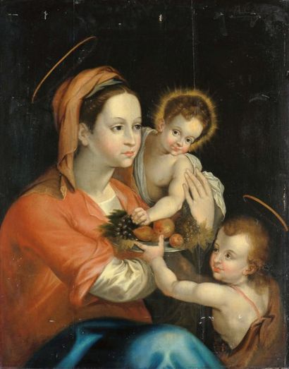 École Flamande du XVIIe siècle Vierge à l'enfant et saint Jean-Baptiste Panneau de...