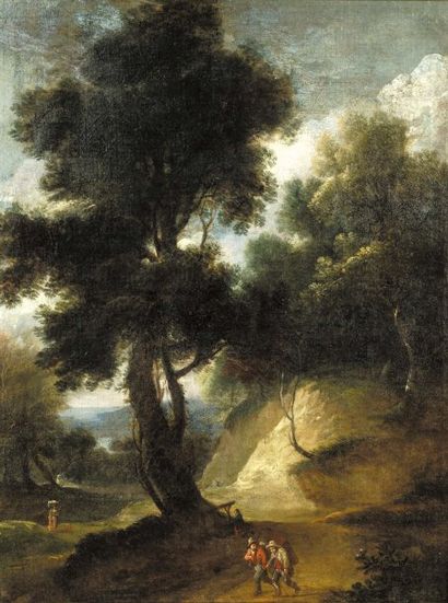 Attribué à jacques d'arthois (1613 - après 1686) Promeneurs dans un paysage boisé...